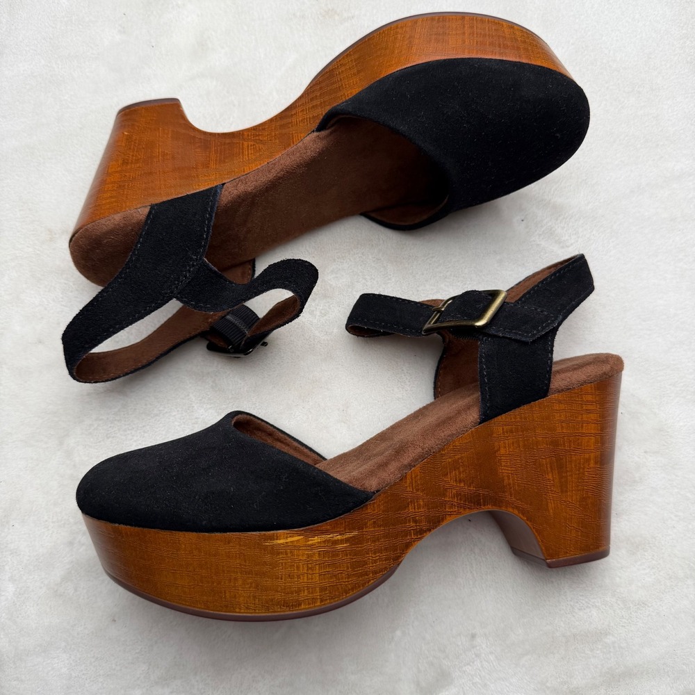 White Mountain Casey Platform Clogs Black Suede Wood Heel Boho 70s Retro 6.5M